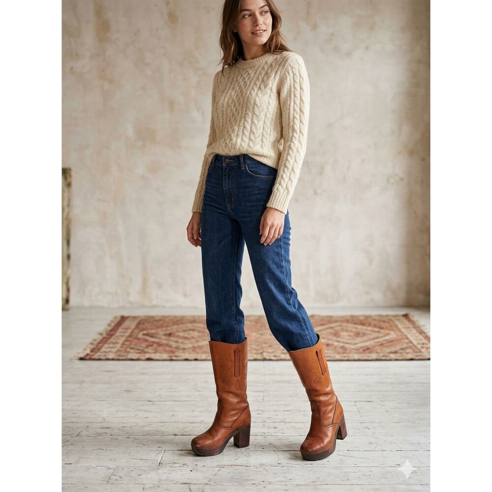 VTG RARE Brown Leather Campus Sherpa Lined Wood Platform Knee Boots Sz 39 / 8.5